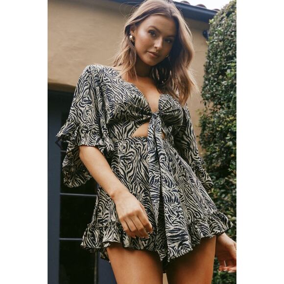 Day+moon Tied Bust Flared Sleeve Romper Zebra Print brown and black zebra print. - Picture 4 of 8